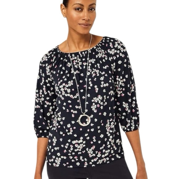 J. Jill Tops - J JILL Convertible Shoulder Smocked Neck Top Blouse Navy Floral Size Large